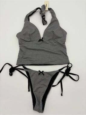 Black & White Gingham Halter Tankini with Tie-Side Bikini Bottoms
